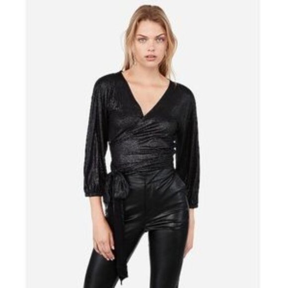 Express‎ X Negin Mirsalehi Metallic Black Tie Front Wrap Top Size Small - Picture 9 of 9